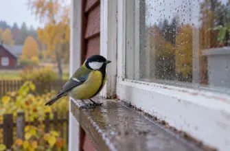 Небольшая птица сидит на наружном подоконнике