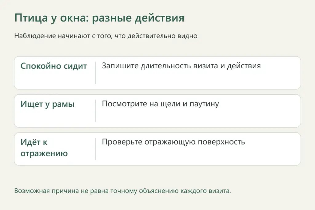Три вида поведения птицы у окна и вопросы для наблюдения