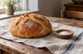 Круглый хлеб и маленькая деревянная солонка на льняной ткани