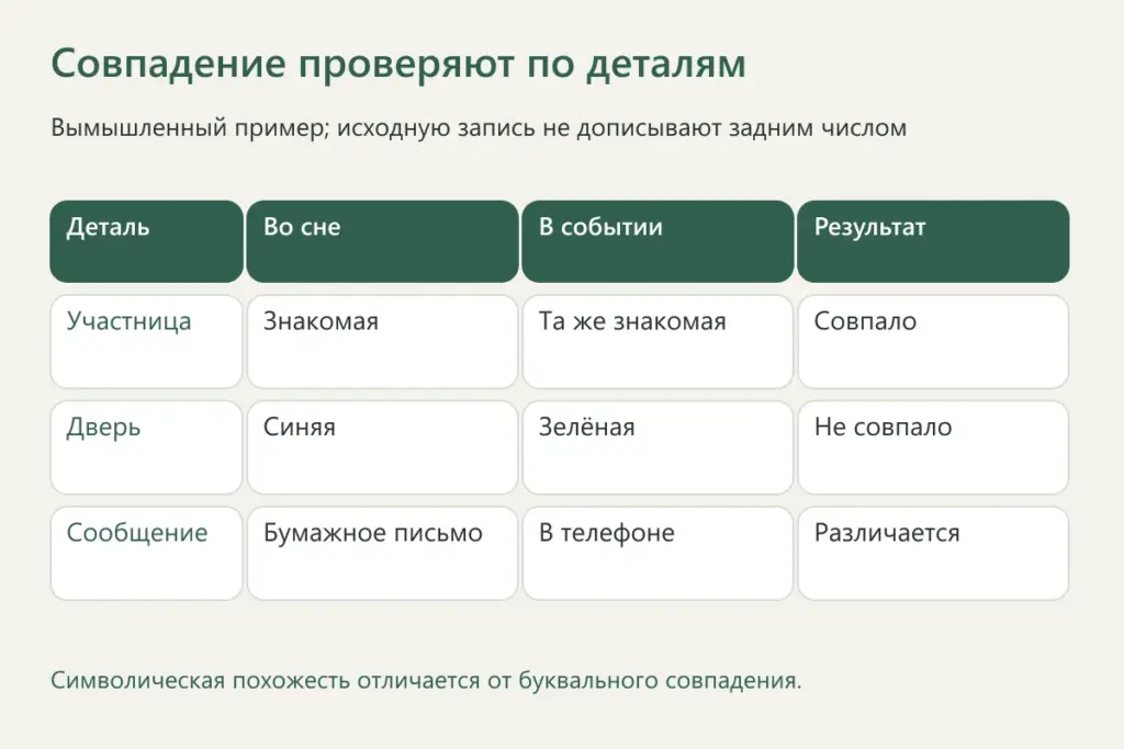 Сопоставление совпавших и различающихся деталей учебного примера