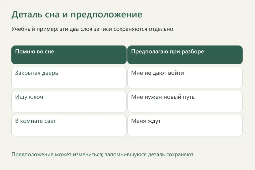Таблица различий между деталями сна и предположениями при его разборе