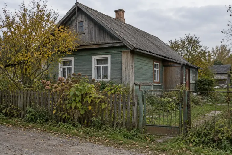 Старый деревянный дом с палисадником и калиткой