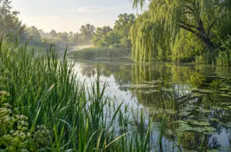 Камыш и ива у спокойного водоёма